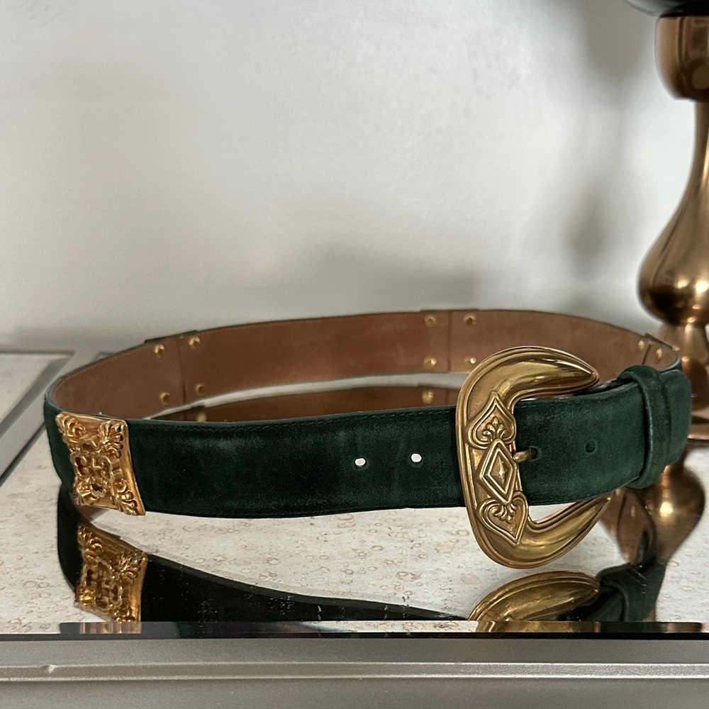 Brighton Dark Green Velvet Belt with Gold Buckle